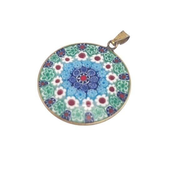 Millefiori Round Pendant Necklace With Intricate Floral Mosaic Design - Picture 6 of 8